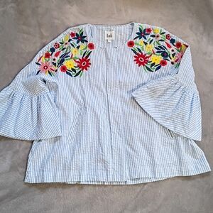 Luii Anthropologie Embroidered Bell Sleeve Top L